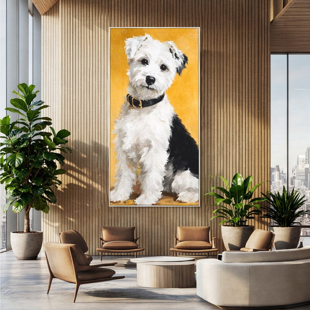Tablou canvas cu tablou canvas cu un catel pufos, in rama de aluminiu argintiu, pe perete intr-un birou